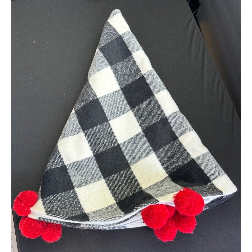 Black White Buffalo Plaid Christmas Tree Skirt Red Pom Poms Cottage Farmhouse